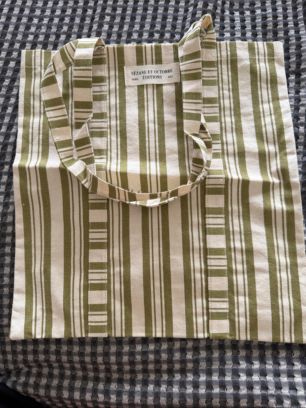 Sézane Olive Green and Cream Striped Canvas Tote